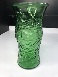 Vintage E.0. Brody CO. Avocado Green Crinkle Glass Vase 9.5" 4.5" Top 4" Bottom
