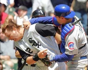HOME PLATE PUNCH Michael Barrett Chicago Cubs & AJ White Sox 8x10 Glossy Print - Picture 1 of 4