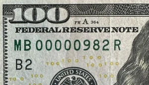 $100 - 2013 - VERY Low Serial Number - 5 leading 0's - (00000982) - Circulated - Picture 1 of 9