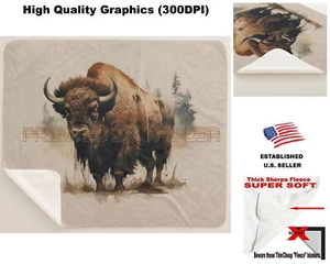 Buffalo Wildlife Scene Watercolor Portrait Art #1 Sherpa Fleece Throw Blanket - Picture 1 of 6