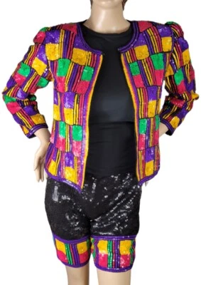 Conjunto de chaqueta y pantalones cortos vintage de seda 100 % lentejuelas y cuentas Party Time de los años 80 talla S Foto 1 de 4