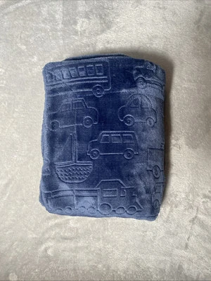 Blue Embossed Vehicles Baby Blanket Trucks Boats Cars Planes Fleece Lovey 30x40 - Image 1 of 4
