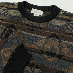 VTG Tricots St Raphael Mens Sweater Wool Size Medium Grey Brown Black Geometric - Picture 1 of 8