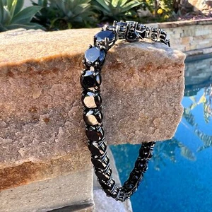 Real Solid 925 Sterling Silver Tennis Bracelet Black Oxidized Black CZ 7MM 8.5" - Picture 1 of 12