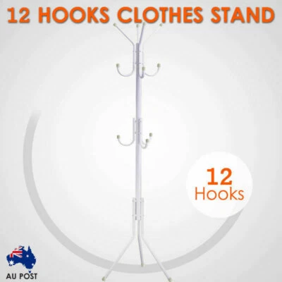 12 Hook Coat Hanger Stand 3-Tier Hat Clothes Rack Metal Tree Style Storage White - image 1 of 4