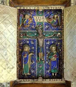 1900s Enamel Gilt Bronze Religious Triptych Crucifixion Christ Altar Reliquary - Picture 1 of 24