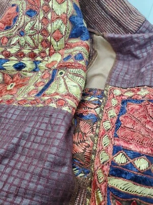 Quilted Ethnic Patch fabric 1.5yards x 48"w copper brown blue embroidered beaded - Image 1 of 3