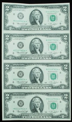 1976 $2 Federal Reserve Star Note Uncut Sheet of 4 Crisp UNC - Many Available! - Image 1 of 3