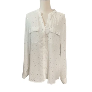 Coral Bay weiße Langarm Bluse mit Knopfleiste Metallic Gold Tupfen neu mit Etikett L - Bild 1 von 5