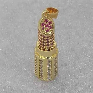 2Ct Round Cut Lab Created Pink Ruby Lipstick Pendant 14k Yellow Gold Plated 18" - Picture 1 of 4