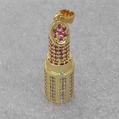 2Ct Round Cut Lab Created Pink Ruby Lipstick Pendant 14k Yellow Gold Plated 18" - Image 1 of 4