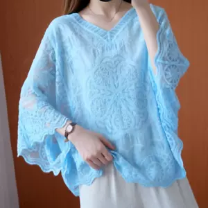 Ladies Floral Ethnic Blouse Batwing Sleeve Top Lace Tee Shirt Retro Casual Chic - Picture 1 of 15
