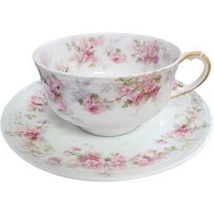 Coppa piatta e salsa Charles Field Haviland fiori rosa foglie verdi Limoges Francia - Foto 1 di 4