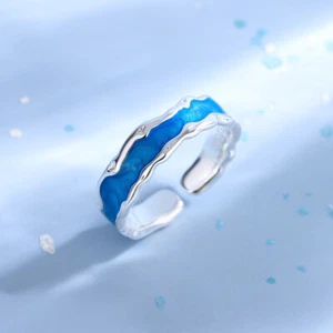 925 Sterling Silver Retro Blue Enamel Adjustable Ring Womens Mens Girls Gift - Picture 1 of 5