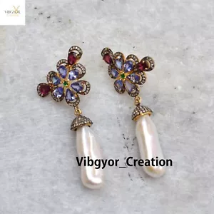 Multi Gemstone Earrings 925 Sterling Silver Diamond Jewelry Anniversary Gift - Picture 1 of 4