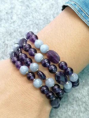 bracciale donna multifilo vera ametista viola agata e argento 925 placcato oro - Immagine 1 di 4