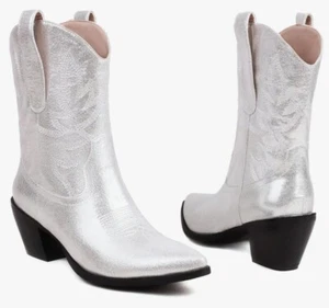 Stivali da cowgirl Kirliner taglia 8 ricamati argento western in pelle metallica - Foto 1 di 4