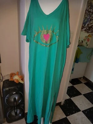 ROBE T-SHIRT LONGUE MANCHES COURTES COTON verte TAILLE 42 à 54  NEUVE,,oeil  - Photo 1/4