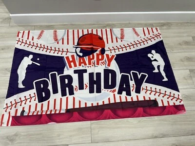 Banner de feliz cumpleaños de béisbol tema fiesta telón de fondo celebración poliéster NUEVO Foto 1 de 4