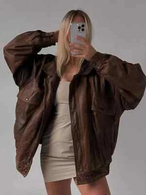 Oversize Bomber Lambskin Soft Real Leather Jacket, Women 90s Fashion Jacket - Image 1 of 3