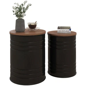 Set of 2 Round Side End Table Nesting Storage Ottomans for Bedroom Living Room - Picture 1 of 11