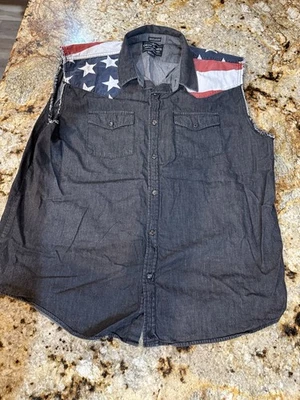 Cody James Vest Mens XL Black Pearl Snap USA Flag Sleeveless Shirt Cut Off Rodeo - Image 1 of 4
