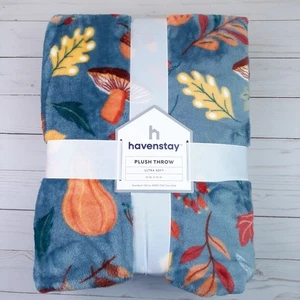 Fall Velvet Plush Throw Blanket 50x70 Mushroom Gourd Leaves Blue - Picture 1 of 2