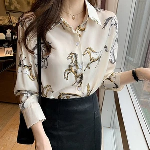 Women Spring Shirt Horse Print Lapel Single-breasted Long Sleeves LAge Reducing - Picture 1 of 21