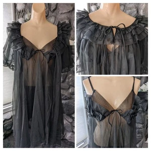VTG 60s Lisette By Al Sterling Peignoir Set M Black Sheer Chiffon Full Sweep - Picture 1 of 24
