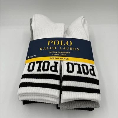 Meias Polo Ralph Lauren Double Bar Crew pacote com 6 brancas - pretas - cinza tamanho 10-13 - Imagem 1 de 4