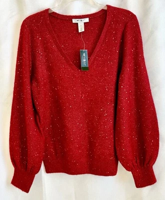 NUEVO Suéter de Lentejuelas Rojas Navidad Mercado Negro Casa Blanca Cuello Mediano Nuevo con Etiquetas LS M Foto 1 de 4