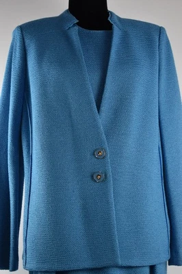 St. John Sz 12 Blue Dress Blazer Jacket Suit 2 Piece Set Rayon&Wool Knit Stretch - Image 1 of 4