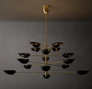 Mid-Century Modern Brass Chandelier - 16 Light Sputnik Pendant Light with Black - Picture 1 of 10
