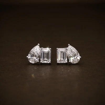 18k White Gold Emerald & Pear Cut Lab Grown Diamond Stud Earrings – 4.50ct VVS2 - Image 1 of 4