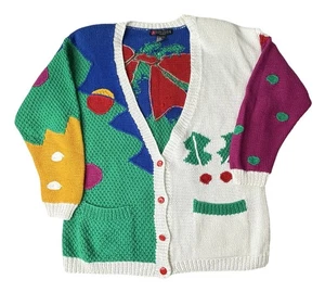 I.B Diffusion Deporte Mujer Navidad Feo Cárdigan Suéter Talla L Estampado en Bloque Años 90 - Imagen 1 de 11