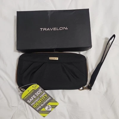 Carteira Travelon preta e azul bebê plissada com zíper ao redor pulseira RFID embreagem nova com etiquetas - Imagem 1 de 4