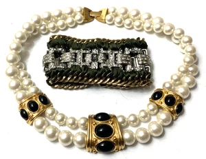 Vintage Napier Costume Pearl 16" Choker Necklace+Rhinestone Bracelet Used+Clean! - Picture 1 of 13