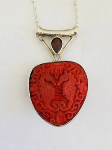 Sajen Sterlingsilber geschnitzt Zinnober Seepferdchen Granat großer Anhänger Halskette - Bild 1 von 23