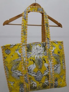 Indian Yellow Monkey Printed Quilted Shoulder Bag Womens Beach Cotton Handbag US - Picture 1 of 7