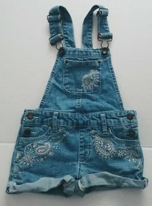 Lucky Brand Denim Bib Short Overalls Girls Child sz 5 Shortalls Paisley Blue - Picture 1 of 12