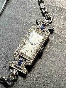 Vtg 1920's Art Deco E. Huguenin Sparkling Diamond Sapphire 18kt White Gold Watch - Picture 1 of 18