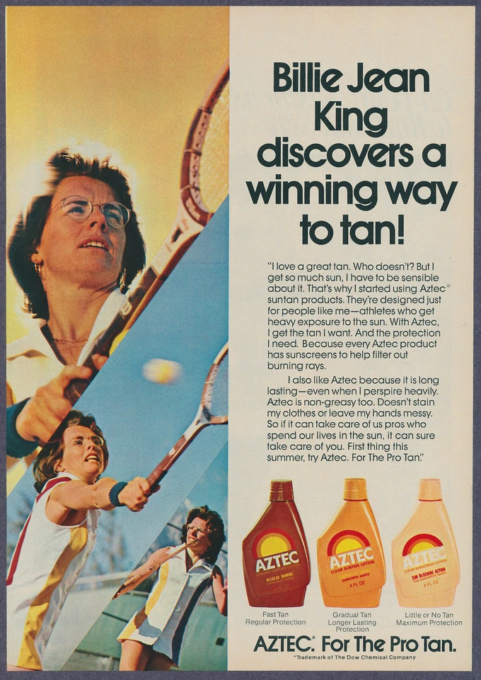Billie Jean King Tenis Azteca Tostado al Sol Loción Vintage Revista Impresión Anuncio 1974 Foto 1 de 1