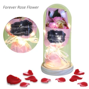 Forever Rose in Glass Dome-3 Rose with Wood Base &Lights Mother/Valentine's Gift - Picture 1 of 4