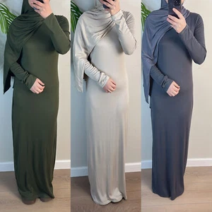 Solid Color Kaftan Dubai Women Inner Dress Abaya Muslim Under Robe Party Gown - Picture 1 of 30