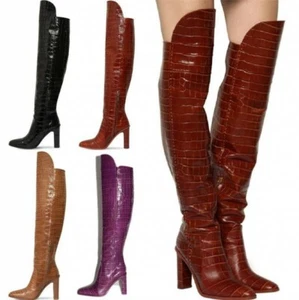 Women's Runway Print Block Heel Over The Knee Thigh High Boots Gothic - Picture 1 of 20