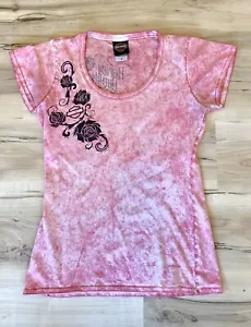 Women's Harley Davidson Small Short Sleeve Shirt Pink New York City Scoop Neck - Picture 1 of 10