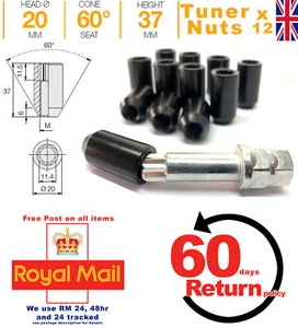 Car wheel tuner nuts 4 Stud Ford aftermarket alloy M12 x 1.5 Black + Key x 12 - Picture 1 of 7