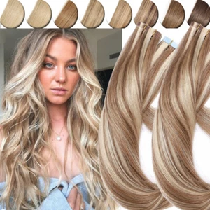Tapes Balayage Tape In Remy Human Hair Extensions Seamless Skin Weft Baby Light - Picture 1 of 33