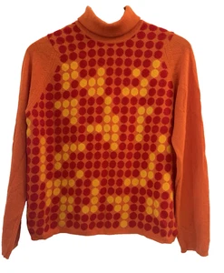Vtg Mod BALLANTYNE Intarsia CASHMERE SWEATER Turtleneck ORANGE Red YELLOW DOTS - Picture 1 of 9
