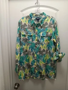 Lands' End Ladies L (14-16) Linen Button Shirt Palm Branch/leaves Print - Picture 1 of 6